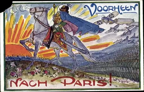 Künstler Ak Voorheen, Nach Paris! Kaiser Wilhelm II an der Spitze seiner Truppen, Karikatur