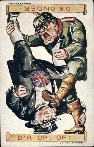 Künstler Ak Molkenboer, Th., D'r op of d'r Onder, deutscher Soldat, Brite, Propaganda