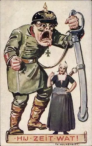 Künstler Ak Molkenboer, Hij Zeit Wat, Karikatur, Kaiser Wilhelm II., Frau in Tracht