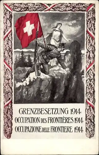 Ak Schweiz, Grenzbesetzung 1914, Soldat mit Fahne