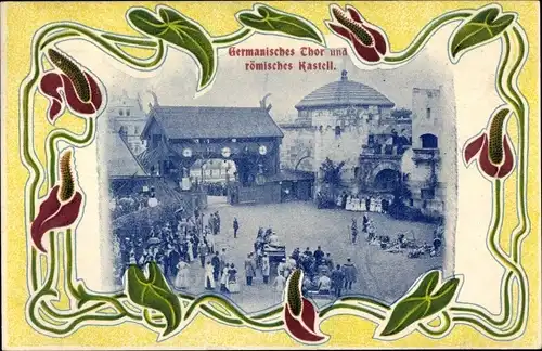 Jugendstil Ak Dresden, Deutsche Bauausstellung 1900, Germanisches Tor und römisches Kastell