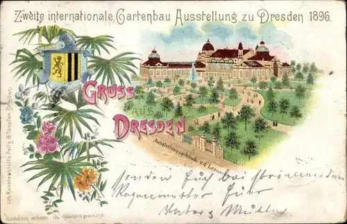 Litho Dresden, 2. Internat. Gartenbauausstellung 1896, Parkanlage, Blick v. d. Lennestraße, Wappen