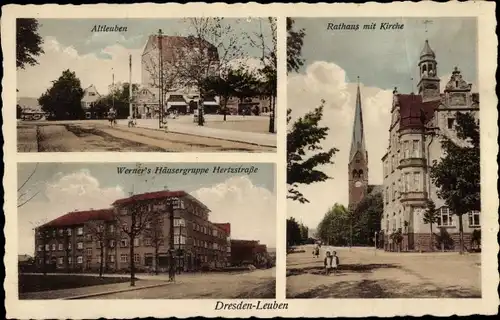 Ak Dresden Leuben, Werner's Häusergruppe Hertzstraße, Rathaus mit Kirche