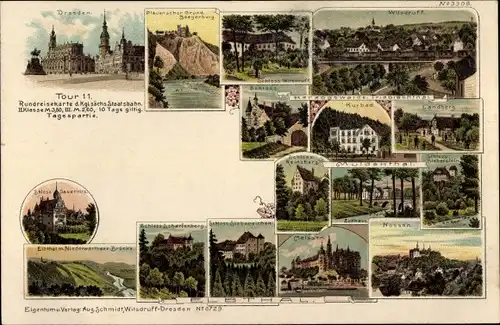 Litho Rundreisekarte der KS Staatsbahn, gültig 10 Tage, Nossen, Reinsberg, Dresden, Meißen,Wilsdruff