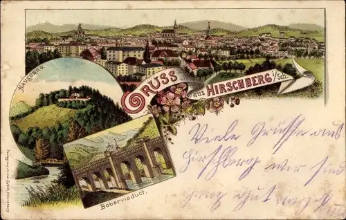 Litho Jelenia Góra Hirschberg Riesengebirge Schlesien, Boberviadukt, Hausberg, Blick auf den Ort