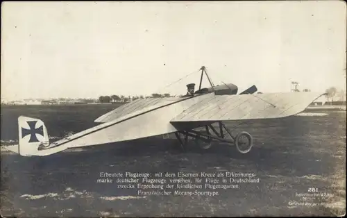 Ak Erbeutetes Flugzeug mit EK, Französischer Morane Sporttype, Sanke 281