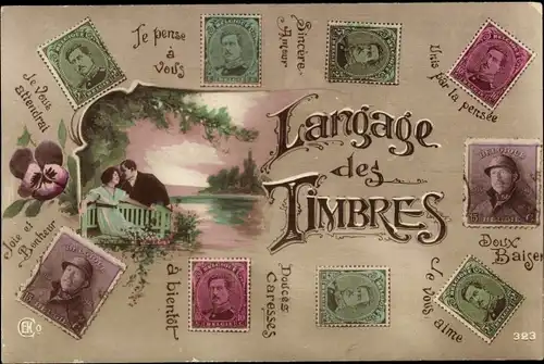 Briefmarken Ak Belgien, Briefmarkensprache, Liebespaar