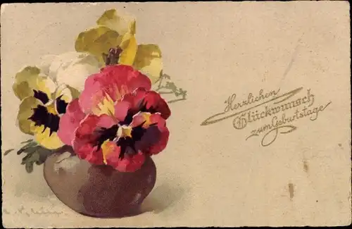 Künstler Ak Klein, Catharina, Glückwunsch Geburtstag, Stiefmütterchen