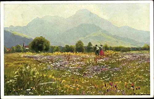 Künstler Ak Bauern mit Sensen auf einer Blumenwiese, Gebirge
