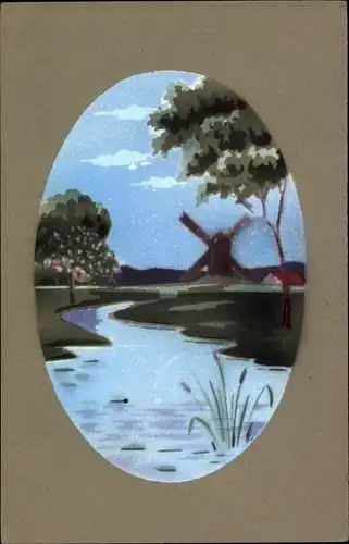Handgemalt Ak Landschaft mit Fluss und Windmühle