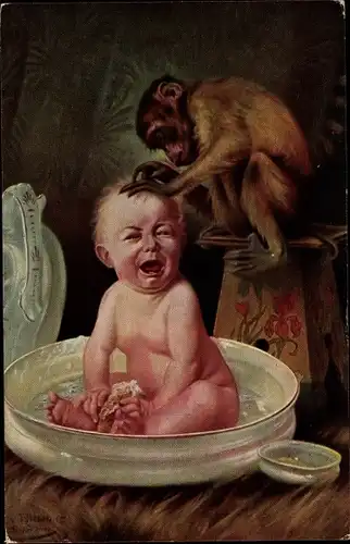 Künstler Ak Riesen, A. v., Unerbetener Liebesdienst, Affe laust Baby