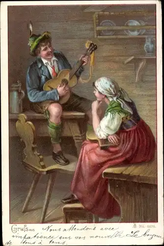 Ak Mann und Frau in Trachten, Gitarre, Zither