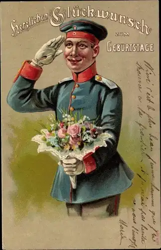 Präge Litho Glückwunsch Geburtstag, Soldat mit Blumenstrauß