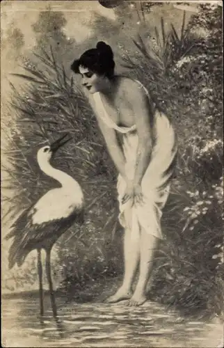 Ak Frau und Storch