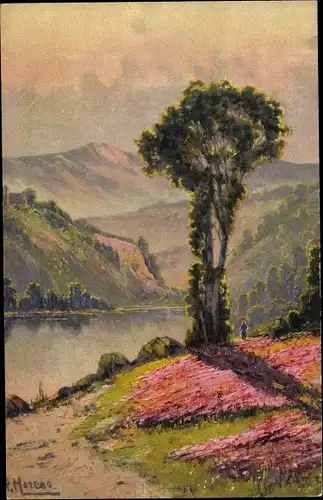 Künstler Ak Moreno, Landschaft mit Bergen und Gewässer