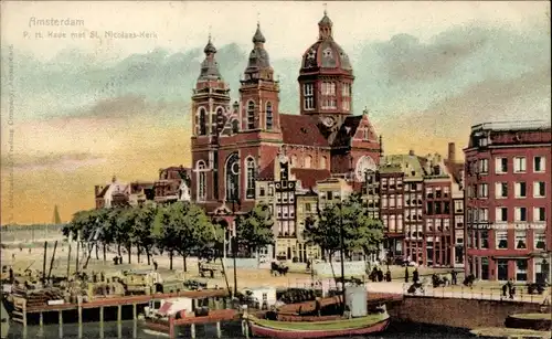 Ak Amsterdam Nordholland Niederlande, Kade met S. Nicolaas Kerk, Kirche