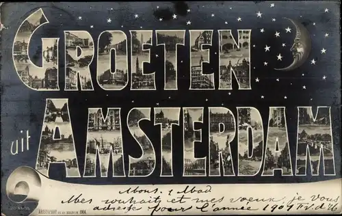 Buchstaben Ak Amsterdam Nordholland Niederlande, Detailansichten, Mond, Sterne