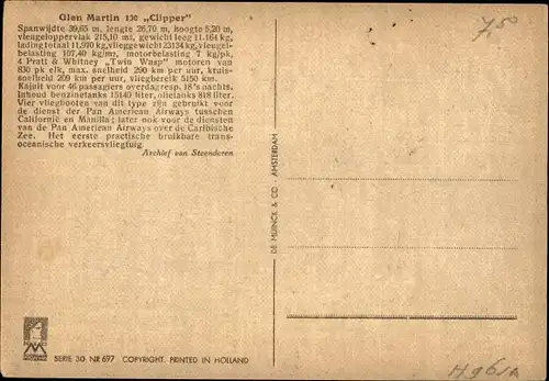 Künstler Ak Looy, v., Flugzeug Glen Martin 130 Clipper