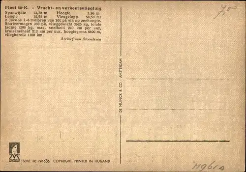 Künstler Ak Looij, v., Fleet 50-K, Vracht- en verkeersvliegtuig, Wasserflugzeug