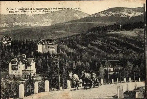 Ak Karpacz Górny Brückenberg Krummhübel Riesengebirge Schlesien, Totalansicht mit Schneekoppe