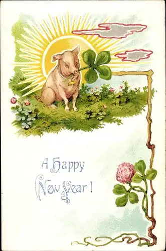 Präge Litho Glückwunsch Neujahr, Schwein, Kleeblätter, Sonnenaufgang