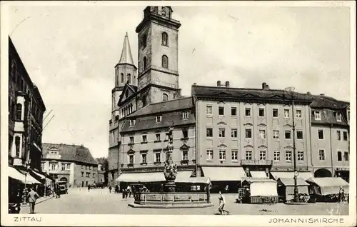 Ak Zittau in Sachsen, Johanniskirche, Brunnen, Markt, Passanten