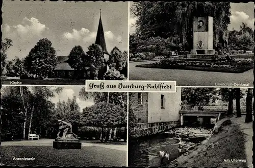 Ak Hamburg Wandsbek Rahlstedt, Kirche, Liliencron Denkmal, Uferweg, Ährenleserin