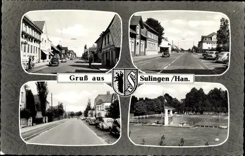 Ak Sulingen in Niedersachsen, Freibad mit Sprungturm, Straßenpartien, Wappen