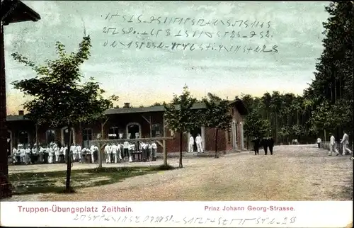 Ak Zeithain in Sachsen, Truppenübungsplatz, Prinz Johann Georg Straße, Soldaten