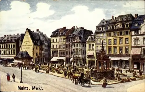 Künstler Ak Mainz in Rheinland Pfalz, Marktplatz, Händler, Kutsche, Brauerei