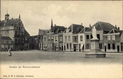 Ak Brouwershaven Zeeland, Stadtansicht, Platz, Denkmal