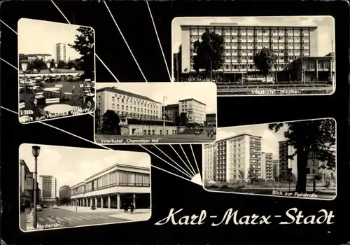 Ak Karl Marx Stadt Chemnitz in Sachsen, Poststraße, Interhotel Moskau, Chemnitzer Hof, Hochhaus