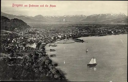 Ak Bregenz am Bodensee Vorarlberg, Panorama vom Ort mit Alpen und See