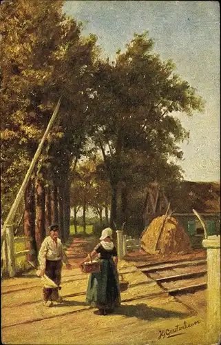 Künstler Ak Gerstenhauer, Johann Georg, niederländisches Dorfmotiv, Bahnübergang, Tracht