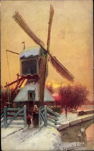 Künstler Ak Gerstenhauer, Johann Georg, Niederlande, Windmühle, Frau mit Kind