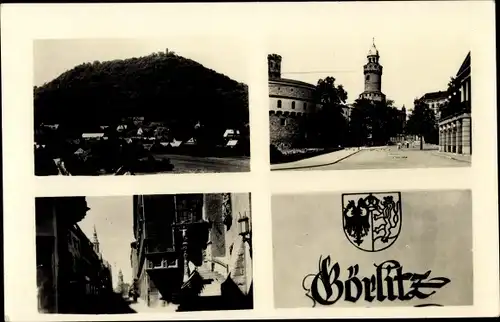 Ak Görlitz in der Lausitz, Wappen, Landeskrone, Kaisertrutz und Reichenbacher Turm, Rathaustreppe