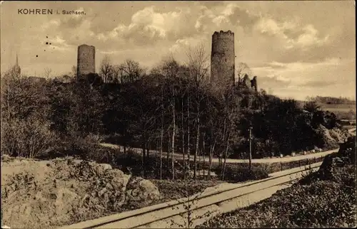 Ak Kohren Sahlis in Sachsen, Blick auf die Burgruine, Türme, Bahnstrecke