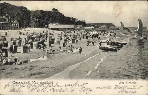 Ak Ostseebad Heringsdorf auf Usedom, Am Strande, Badegäste, Strandkörbe, Boote