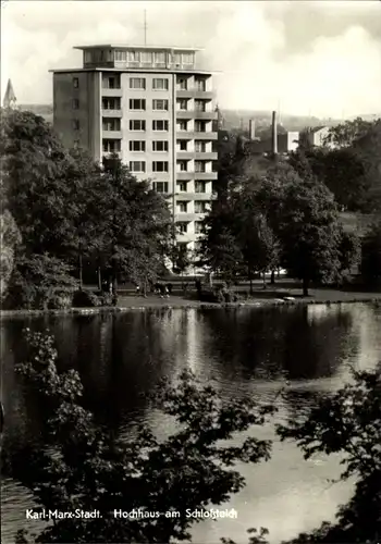 Ak Karl Marx Stadt Chemnitz in Sachsen, Hochhaus am Schlossteich