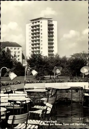 Ak Karl Marx Stadt Chemnitz in Sachsen, Terrasse am Roten Turm, Hochhaus