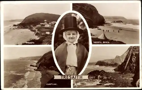 Ak Tresaith Wales, Beach, Coastline, Waterfall, Frau in Tracht