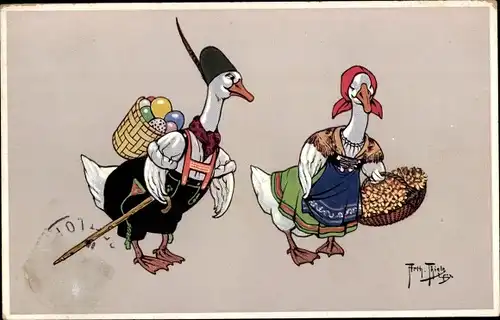 Künstler Ak Thiele, Arthur, Glückwunsch Ostern, Vermenschlichte Enten in Tracht, Ostereier