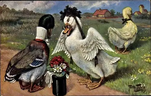 Künstler Ak Thiele, Arthur, Vermenschlichte Enten