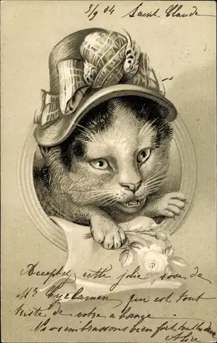 Präge Litho Katze mit Hut