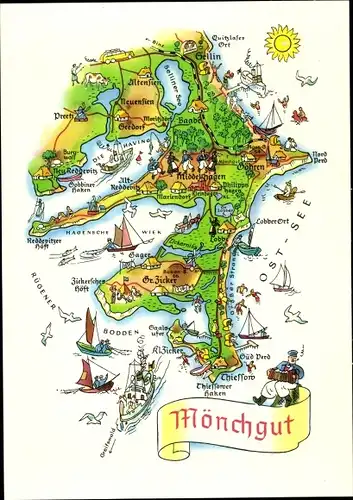 Landkarten Ak Mönchgut Insel Rügen, Bodden, Sellin, Preetz, Wiek