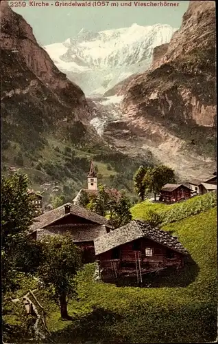 Ak Grindelwald Kanton Bern, Kirche und Viescherhörner