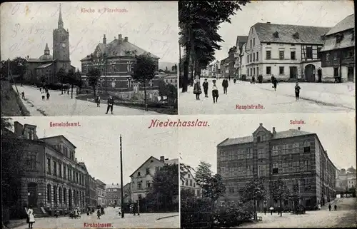 Ak Niederhaßlau Wilkau Haßlau in Sachsen, Kirche, Pfarrhaus, Hauptstraße, Gemeindeamt, Schule