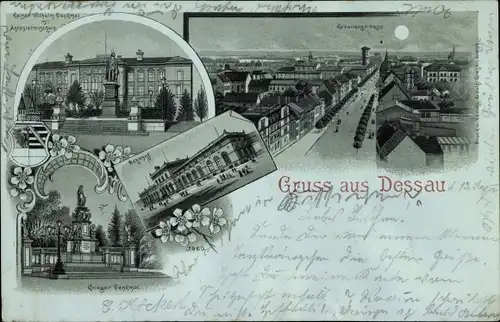 Mondschein Litho Dessau in Sachsen Anhalt, Bahnhof, Kriegerdenkmal, Kaiser Wilhelm Denkmal