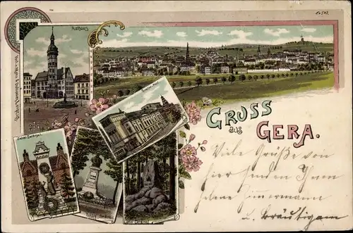 Litho Gera in Thüringen, Rathaus, Post, Denkmal, Blick auf den Ort