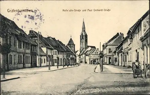 Ak Gräfenhainichen in Sachsen Anhalt, Halle'sche Straße, Paul Gerhardt Straße, Kirche